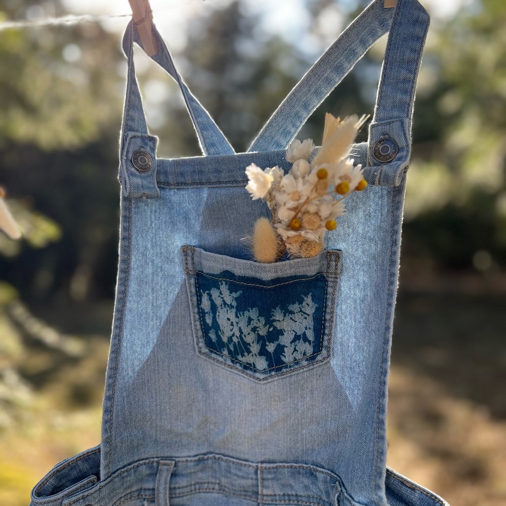 Blue Denim Overalls with Floral Pocket